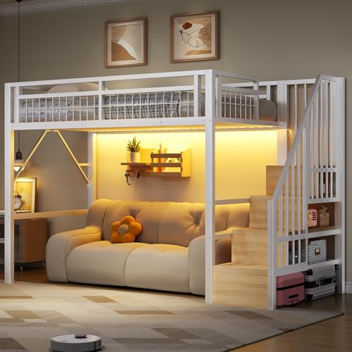 Lubvtti Cama alta de metal 90 x 200 cm con luz LED, cama individual tipo loft, espacio utilizable debajo de la cama, escalera de seguridad con espacio de almacenamiento, blanco (colchón no incluido)