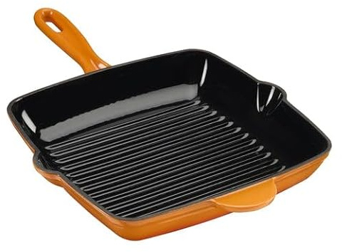 Cooks Professional 26cm Cast Iron Skillet Pan | Square Heavy Duty Grill Griddle Frying Pan with Enamel Interior | Oven Safe to 260°C, Induction & All Hob Compatible | PFAS, PFOA & PTFE-Free | Orange