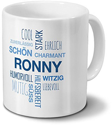 printplanet Tasse mit Namen Ronny Positive Eigenschaften Tagcloud - Blau - Namenstasse, Kaffeebecher, Mug, Becher, Kaffeetasse