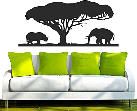 INDIGOS UG - Wandtattoo Wohnzimmer - Wandaufkleber Afrika - Steppe Nashorn mit Löwe 96x41cm, schwarz w550 - Aufkleber Kinderzimmer Schlafzimmer Küche Badezimmer Büro Dekoration