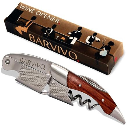 Barvivo Wine Opener with Foil Cutter and Cap Remover - Double Hinged Corkscrew for Bartenders - Stainless Steel Wine Key for Easy Bottle Opening - Manual Wine Bottle Opener - Rosewood, 12x1.5x3 cm