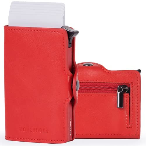 Moneyhold® Porte-Cartes Bancaire Unisexe - Portefeuille Slim en Simil-Cuir Vegan Anti Piratage RFID, Compact et Élégant (B - avec Porte-Monnaie, 7 - Rouge)