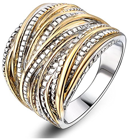 Mytys 2 Tone Intertwined Crossover Statement Ring Fashion Chunky Band Rings for Women Black Gold Silver Rose Gold Plated Wide Index Finger Rings Costume Jewelry (Gold and silver, 9)