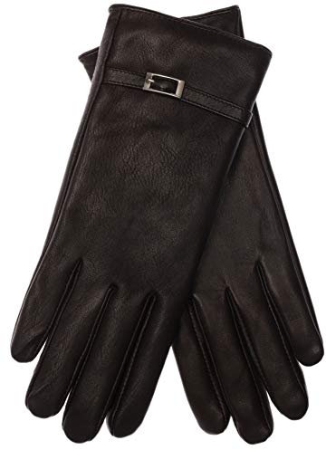 EEM Damen Lederhandschuhe, weiches italienisches Leder, Fleecefutter, Zierriegel, schwarz L