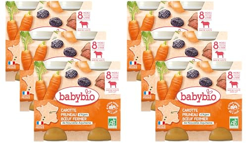 Babybio Pots Carotte Pruneau Bœuf Fermier d'Aquitaine/du Limousin 2x200 g - Lot de 6 - Bio