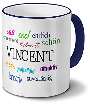 printplanet Tasse mit Namen Vincent - Positive Eigenschaften von Vincent - Namenstasse, Kaffeebecher, Mug, Becher, Kaffeetasse - Farbe Blau