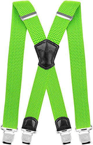 Decalen Hosenträger für Herren Breit 4 cm mit sehr Starken 4 Metall Clip Lang Einheitsgröße für Männer und Damen Einstellbar und Elastisch X Style (Grünes Neon)