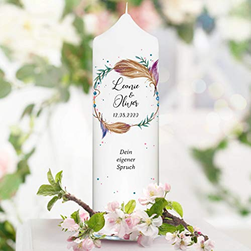 Wandtattoo Loft Hochzeitskerze personalisiert mit Namen und Datum + Gastkerze, Motiv mit Federn Kranz, 25cm x 7cm, personalisierte Traukerze, Hochzeit Kerze selbst gestalten, Hochzeitsgeschenk