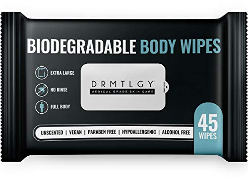 DRMTLGY Lingettes de douche pour le corps et le visage pour femme et homme 45 lingettes Xtra Grande biodégradable sans rinçage pour le camping, le sport, les voyages et plus encore.