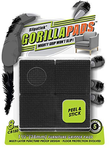 Slipstick GorillaPads CB150 Non Slip Furniture Pads/Rubber Grips (Set of 8) Self Adhesive Furniture Feet Floor Protectors, 38mm Square, Black