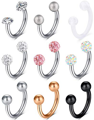 Rajnard 9PCS 16G Surgical Steel Lip Hoop Ring Crystal Cubic Horseshoe Barbell Tragus Cartilage Earring Helix Daith Septum Hoop Piercing Retainer for Women Men 10mm