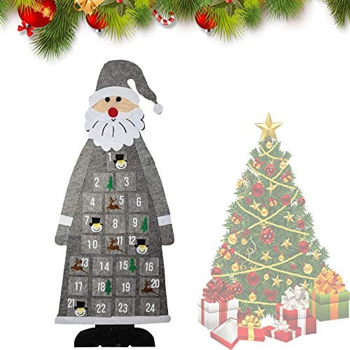HIQE-FL Filz Nikolaus Adventskalender,Weihnachtsmann Adventskalender,Weihnachtskalender DIY,24 Taschenfüllung,Kinder,Tapete Weihnachtsdekoration(grau)