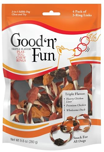 Good ’n’ Fun Triple Flavor Play-Tug-Chew Rings 4 Count, Snack For All Dogs