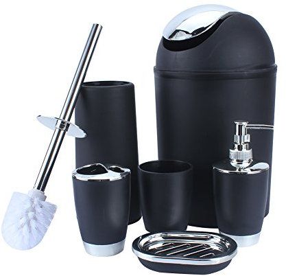 Ejoyous Badezimmer Set, 6-teiliges Badzubehör Seifenspender, Seifenspender Zahnputzbecher Seifenschale Zahnbürstenhalter Mülleimer Toilettenbürste (Schwarz)