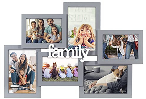 Malden International Designs 4x6 3.5x5 6-Opening Dimensional Gray Collage with Family Word Attachment Photo Wall Frame (9183-60)