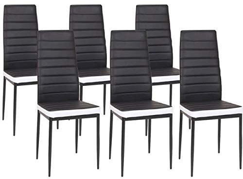 Lot de 6 chaises de Salle a Manger, Siege Rembourre Epais, Noir et Blanc Tampon (Noir-6-B)