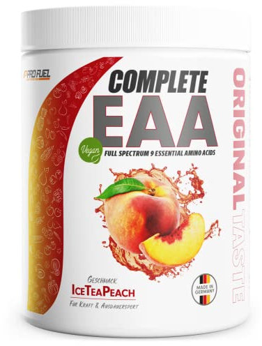 EAA Pulver 500g ICE TEA PEACH - 12.500mg essentielle Aminosäuren - unglaublich lecker & erfrischend - COMPLETE EAA mit allen 9 EAAs inkl. Histidin - EAA vegan Aminosäuren Pulver - Amino Workout Drink