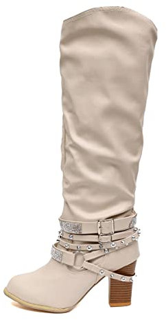 ticticlily Stivali Donna Invernali Stivali Chukka Donna Stivale Alto con Tacco con Strass Tinta Unita Stivali Beige 42 EU