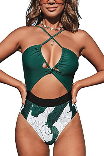 CUPSHE Costume Intero Intero da Donna con Scollo a Tuffo ritagliato Incrociato, Ciano., L