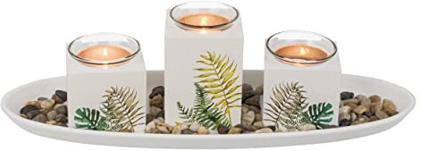 Dekor Dekoration Tropisch Frühling Wohnzimmer Teelichthalter Dekoteller Oval mit 3 Teelichthaltern und Dekoration, Geschenkset