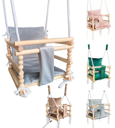 Babyschaukel Kinderschaukel Holz Stoff Babysitz Baby Schaukel zum Aufhängen 3 in 1 (Grau)