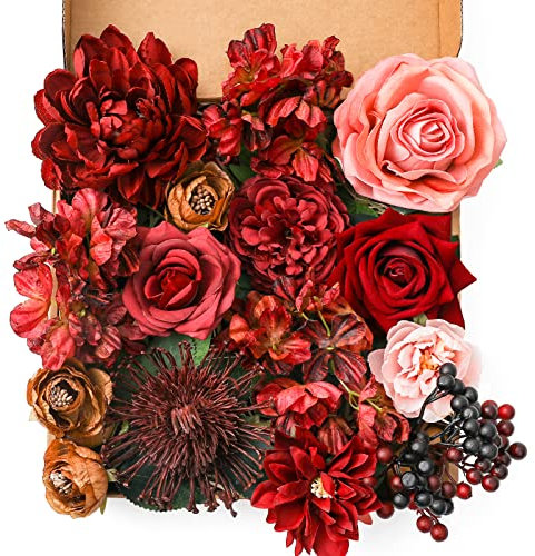 Garisey Künstliche Blumen Kombi-Box Set für DIY Hochzeit Blumenstrauß Arrangements Brautdusche Party Home Dekorationen (Reifen Burgunderrot)