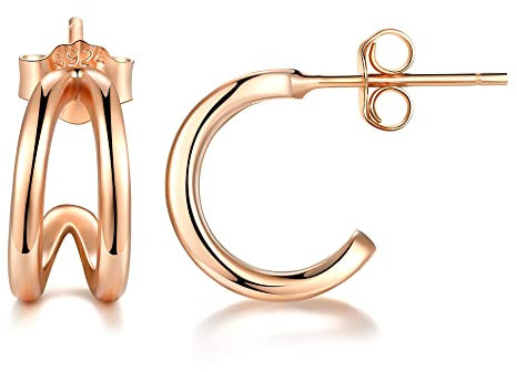 Lydreewam Kleine Halbe Creolen Silber 925 für Damen Mädchen, Mini Huggie Creolen Ohrringe, 12mm Durchmesser Doppel Creolen (RoseGold)