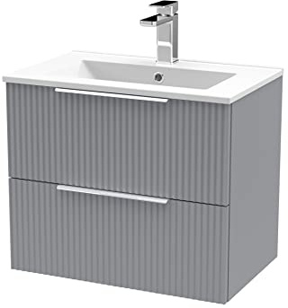 Hudson Reed DFF293B Fluted Modern Bathroom Wall Hung 2 Drawer Vanity Basin Unit with Minimalist Ceramic Basin, 600mm, Satin Grey