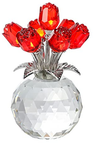 Crystal Red Rose Figurines Gifts for Women Valentine's Day, Glass Bouquet Ornament for Mother's Day Birthday Christmas Ruby Collectible Flowers Anniversary Floral Presents for Her
