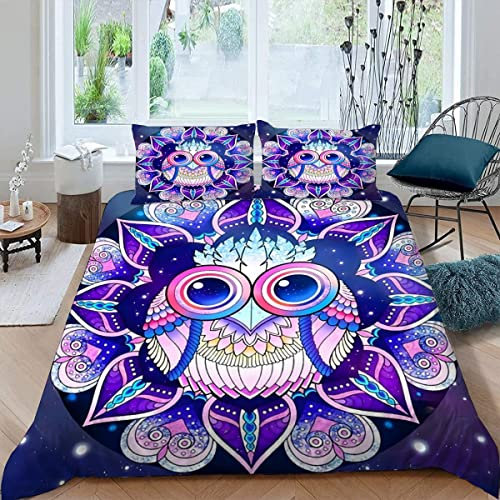 JIARAO Bettwäsche 220×240 3D Motiv 3teilig Bunte Eule Bettwäsche-Sets100% Mikrofaser mit Reißverschluss Blauviolett Erwachsene Winter Herbst Bettbezüge mit 2 Kissenbezug 80x80 cm