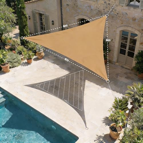 HAIKUS Voile d'ombrage Triangulaire 4x4x4 m, Toile Ombrage HDPE Respirant (185g/㎡), Filet dombrage Triangle 4m avec Protection UV pour Patio Jardin Terrasse Extérieur, 4x4x4m Sable