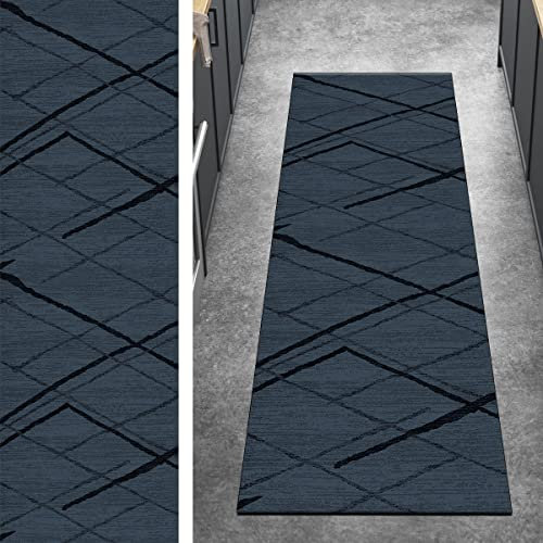 Ymural Kücheteppich Lang Teppich Läufer Flur Gestreift 50x200CM Dunkel Blau Kücheläufer rutschfest Meterware Teppichläufer Waschbar Kurzflor Polyester Korridor, Breite 40-120cm