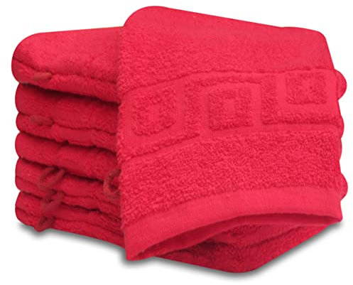 QCS Towels - 10 Piece Wash Mitt Set - 100% Cotton Premium Quality Towelling Washing Mitts Absorbent Flannel Face Towel Body Scrub Size: 16 x 23 cm (Red)