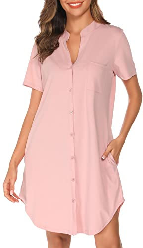 Vlazom Chemise de Nuit,Chemise de Nuit Femme Col V Manches Courtes Robe de Nuit Bouton Ouvert Devant Chic VêTements de Nuit Femme Grande Taille, XL,B-Rose