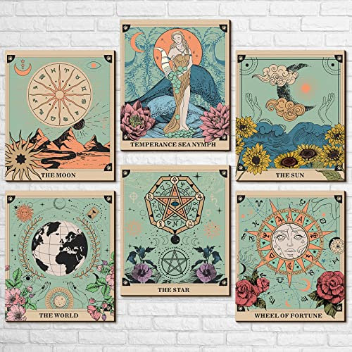 6 Stück Tarotkarten Sonne Mond und Stern Tarot-Wanddekoration Vintage Wandkunst Böhmische Hexe Druck Poster Ästhetische Gothic Minimalistische Wand Pediments Hängen für Schlafzimmer Wohnzimmer