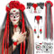 HOWAF Halloween Kostüm Damen Dia De Los Muertos Haarreif Schleier Halloween Haarreif Tag Der Toten Rosen Choker Gothic Halskette Armbänder Ohrringe Halloween Gesicht Tattoos Dia De Los Muertos Kostüm