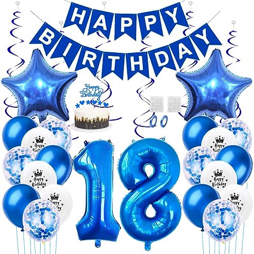 Daimay 18. Geburtstag Dekorationen Blau Geburtstagsdeko Mann Frauen Happy Birthday Banner Konfetti Luftballons Nummer Folienballons Stern Mylar Ballon Tortendeko für 18 Jahre Geburtstagsdeko