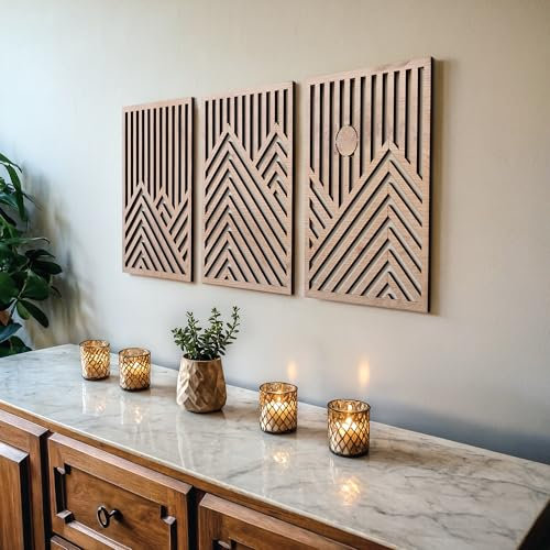 qmmp Moderne Wandskulpturen aus Holz, 3er-Set, MDF, Eiche, Heimdekor-Akzent, große Wandkunst für Wohnzimmer, Schlafzimmer, Büro, einfache Installation (Eiche, mittel, Berg und Sonne, ungerahmt)