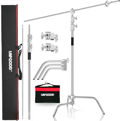 Lapgood C Stand en Acier Inoxydable Heavy Duty avec Bras de Perche, Support C 330 cm Réglable avec Bras de Support de 128 cm, Trépied C avec roulettes, Tête à 2 poignées, Sac de Sable, Sac de