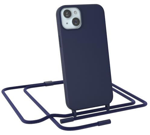 EAZY CASE - Handykette kompatibel mit iPhone 15 Plus - dünne Handyhülle Hülle mit Band als Fallschutz Kette zum Umhängen stoßeste Hülle Silikon mit Mikrofaser in Nacht Blau