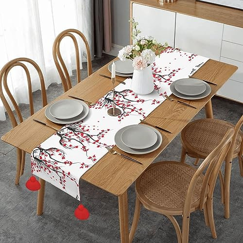 Japanischer Kirschbaum-Tischläufer, Leinenimitat, Tischläufer 35,6 x 152,4 cm, Tischläufer mit Hand-Tassels für Party, Kommode, Dekor und Esszimmer