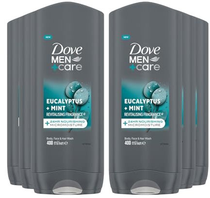Dove Men+ Care 3-in-1 Body, Face and Hair Wash Eucalyptus + Mint 24H Nourishment with Relaxing and Fresh Scent Body Wash for Healthier, Smoother Feeling Skin, 400ml Pack of 6