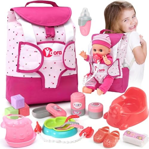 Toyssa Kit Accessoire Bebe pour Poupon, Accessoires Poupon avec Sac à Dos à Langer Biberon Pot Bebe, Ajustement pour 36cm Poupée Anniversaire Cadeau Fille Enfant 2 3 4 5 6 Ans (Poupée Non Inclus)