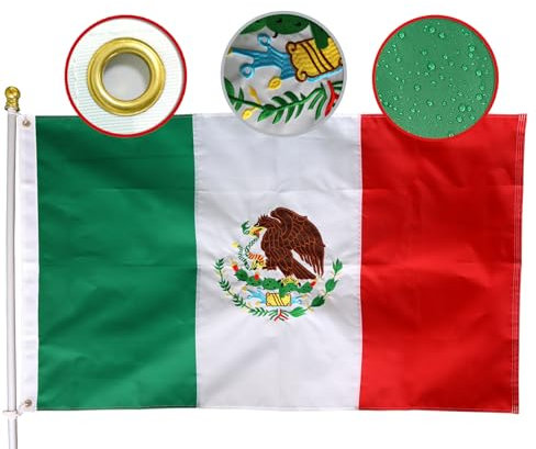 MIDLE Doppelseitige Mexiko-Flagge, 90 x 150 cm, für den Außenbereich, bestickt, mexikanisches Wappen, vierfach genähte Fliegenenden, Hausdekorationsbanner