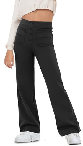 Haloumoning Schlaghose Mädchen Flared Yoga Leggings Bootcut Knopf Hohe Taille Sporthosen mit Taschen, Schwarz, 10-12 Jahre