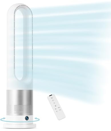 FANKIE Tower Fan with Remote Control, 26 Inch Bladeless Fan, 80° Oscillating Electric Cooling 8 Speeds 8H Timer Sleep Mode Standing Floor Auto Off for Home Office (White & Silver)