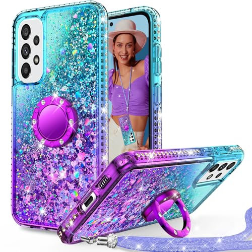 Unlicaku für Samsung Galaxy A53 5G Hülle mit Band, Ring Ständer HandyHülle Handykette Frauen Mädchen Glitzer Silikon Flüssigkeit Schutzhülle für Samsung A53 5G Case, Lila