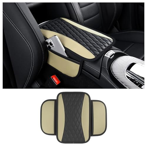 Auto VerbesserteArmlehnenbezug,Mikrofaser-Leder Auto Armlehnenabdeckung mit 2 Aufbewahrungstaschen,Universal Armlehnen Polster Auto Zubehör Innenraum für die Meisten Fahrzeuge (Beige)
