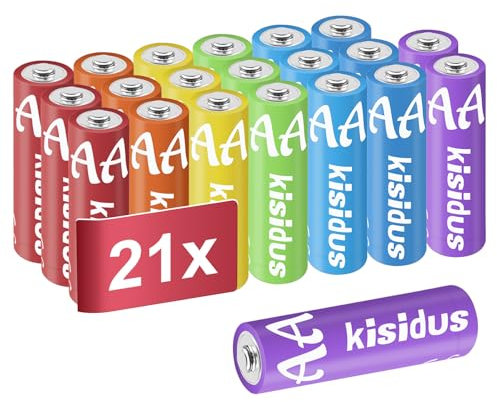 kisidus Batterie Alcalino AA 1.5 Volt Pile LR6 Colorato Ideali per Dispositivi Elettronici Giocattoli Telecomandi confezione da 10/21/42