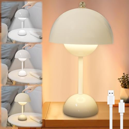 Vaileal Flowerpot Tischlampe, LED Kabellos Akku Pilz Lampe, Touch Dimmbar Mit 3 Helligkeitsmodi, Aufladbar Retro Lampe, Nachttischlampe Pilz für Schlafzimmer, Büro, Bars und Wohnzimmer, Weiß